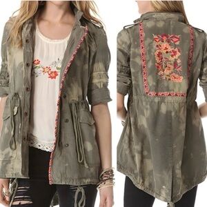 Free People Camouflage Jacket with Floral Embroidery